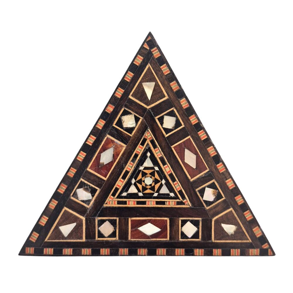 Vintage Trinket Box Small Triangle Shape Inlaid Wood Mother of Pearl Catchall
